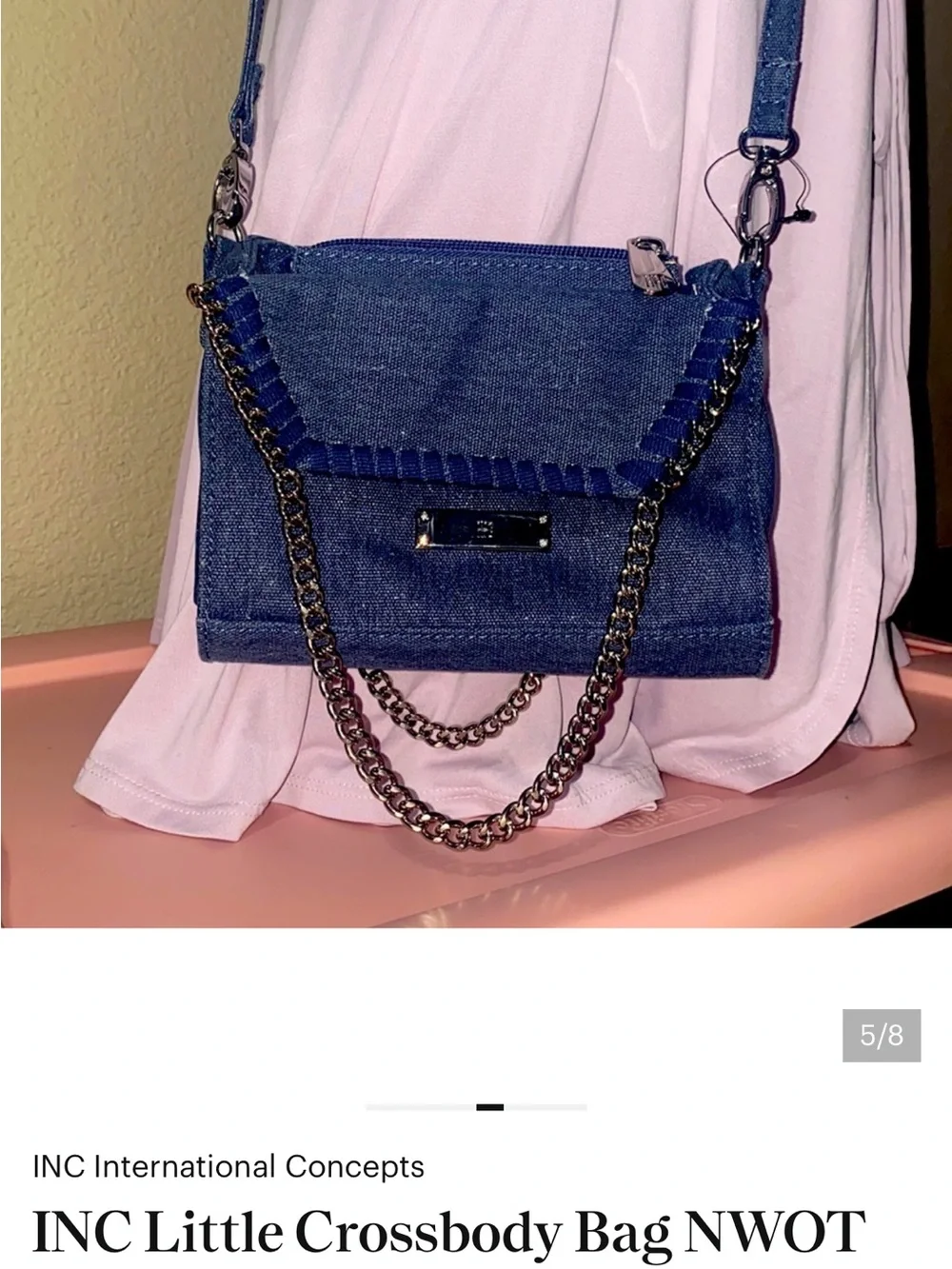 INC International Concepts Denim Blue Chain-Accent Crossbody Bag